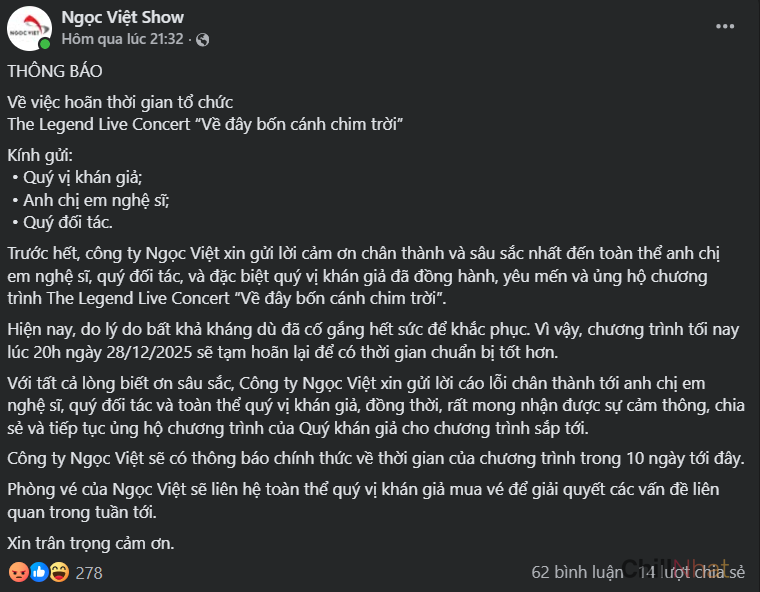 Công ty Ngọc Việt Corporation - đơn vị sản xuất Concert Về Đây 4 Cánh Chim Trời bất ngờ thông báo hủy show.