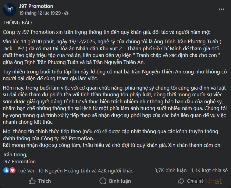 Đại diện truyền thông phát ngôn chính thức về tranh chấp giữa Jack và Thiên An.