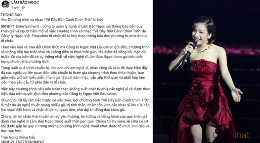 Ca sĩ Lâm Bảo Ngọc thông báo về sự cố hủy show.