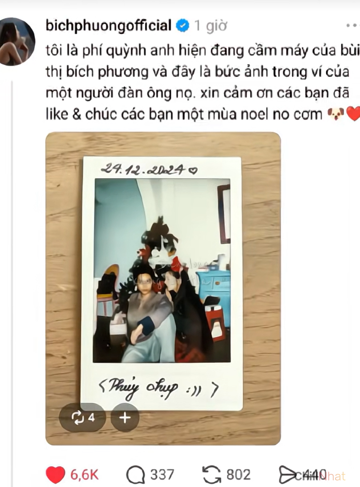 Bài viết công khai ảnh chụp Noel của Bích Phương với Tăng Duy Tân