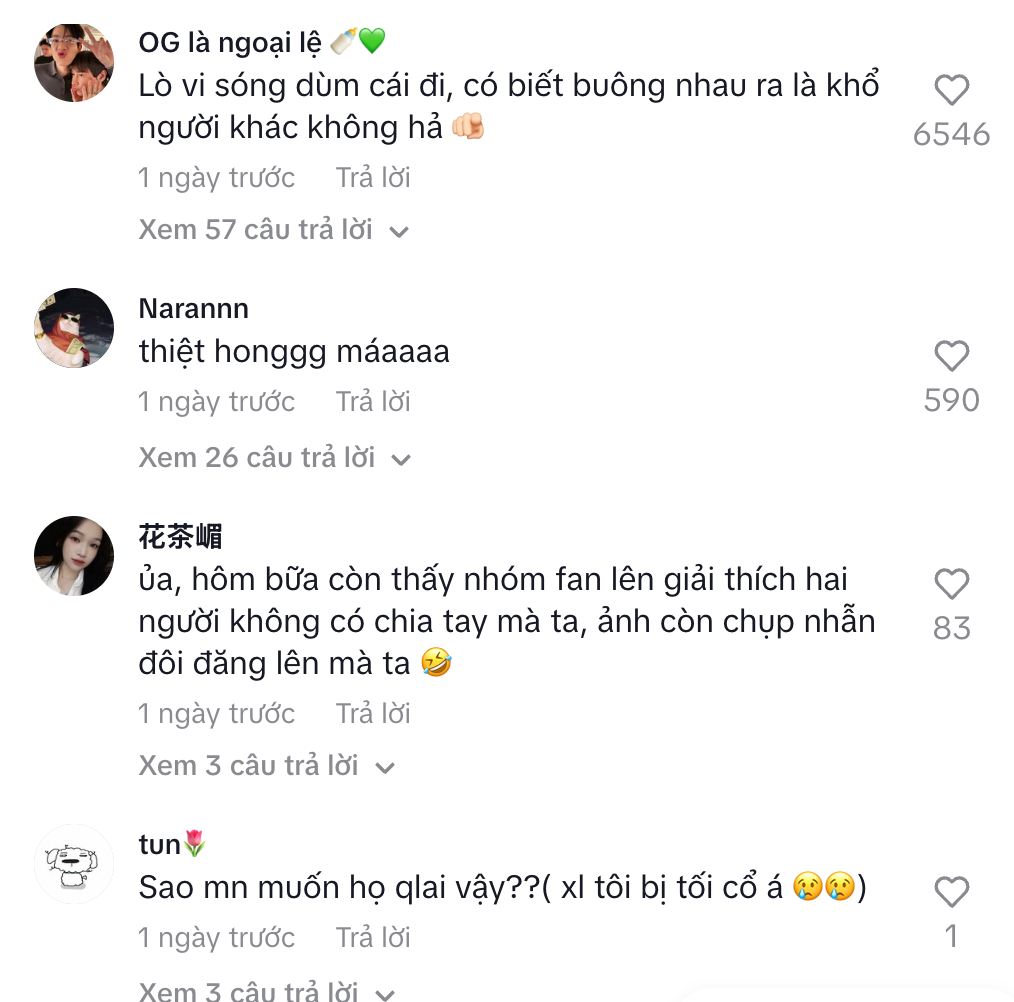 Cộng đồng mạng để lại bình luận về Nene và Bright