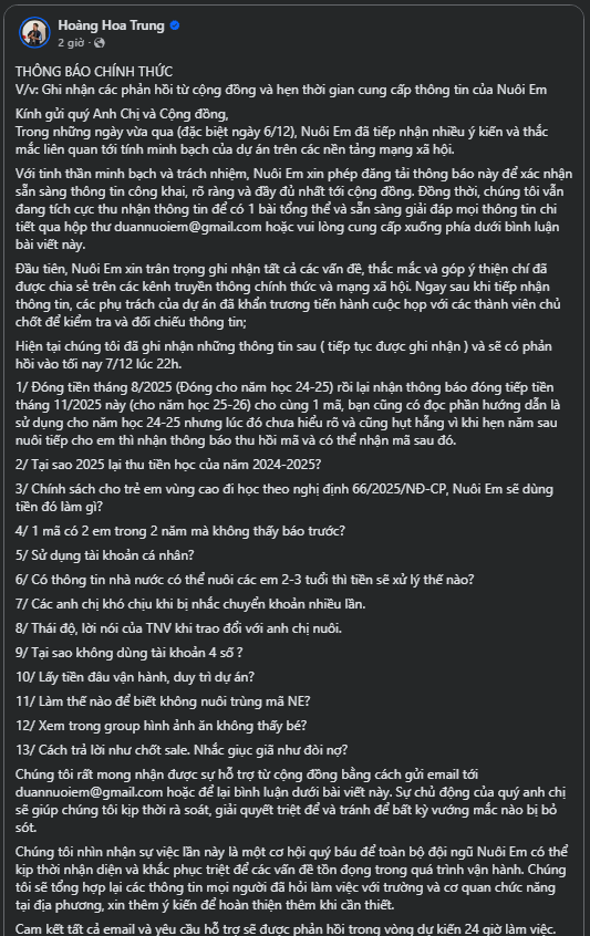 Hoàng Hoa Trung - Chủ dự án Nuôi Em lên tiếng