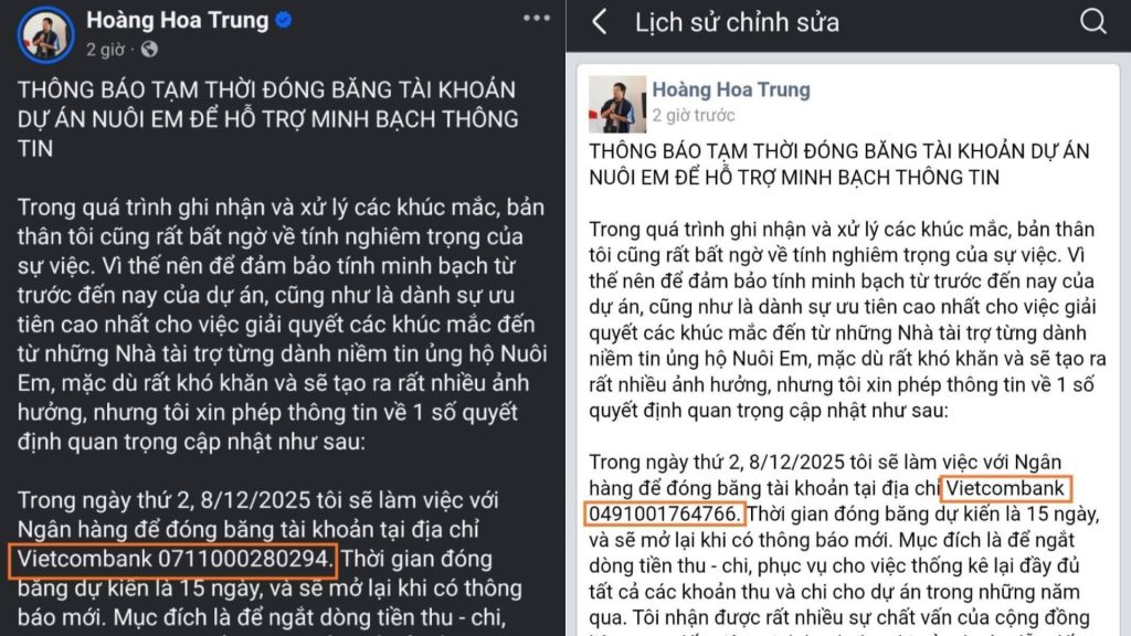 Số tài khoản VCB trước và sau khi sửa