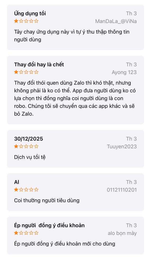 Zalo nhận bão đánh giá 1 sao trên app tải ứng dụng