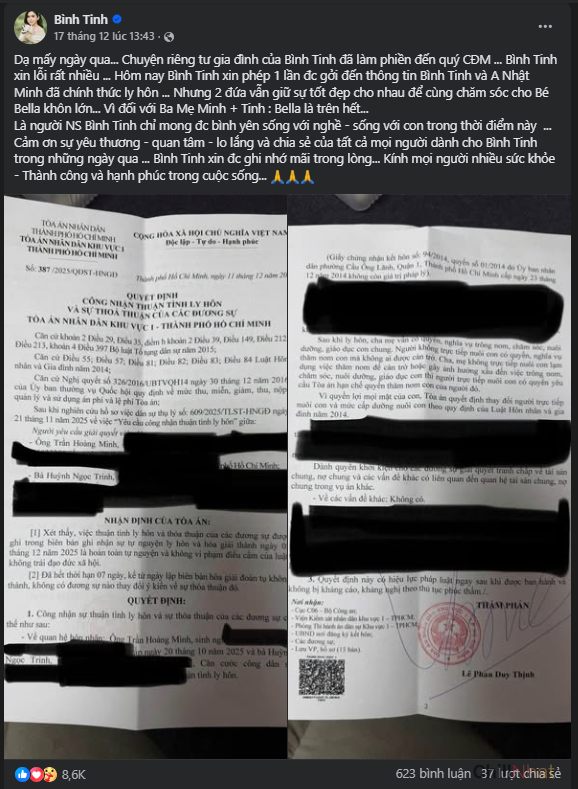 Trên trang cá nhân, Bình Tinh và Nhật Minh ly hôn.