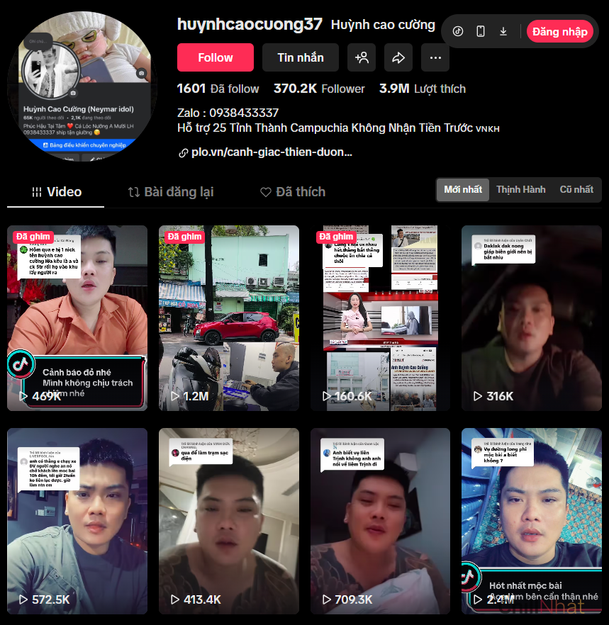 Trang Tiktoker của Huỳnh Cao Cường hiện có hơn 370.000 người theo dõi.