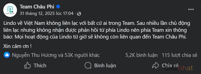Team châu Phi tung "tối hậu thư" thông báo ngừng cộng tác với Lindo.