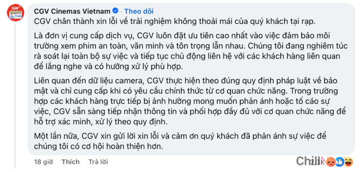CGV xin lỗi dưới bài đăng phản ánh vụ việc và vẫn im lặng trên fanpage gần 5M fl